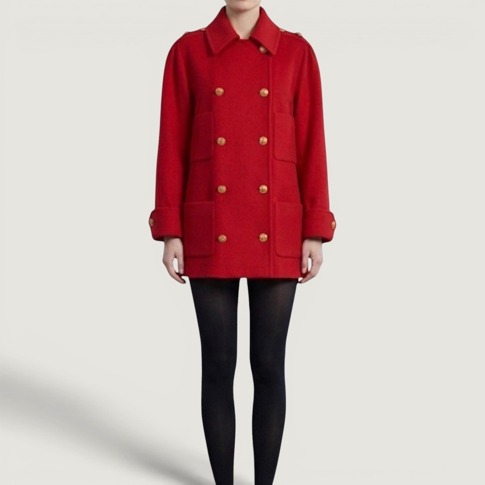 CHANEL Wool Double Breasted Coat Coco Coin Buttons 34